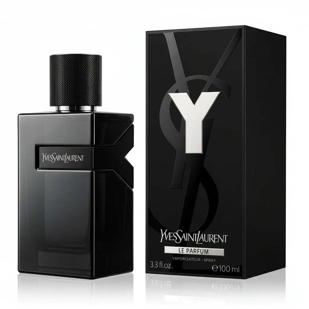 Black YSL perfume bottle and packaging on a white background