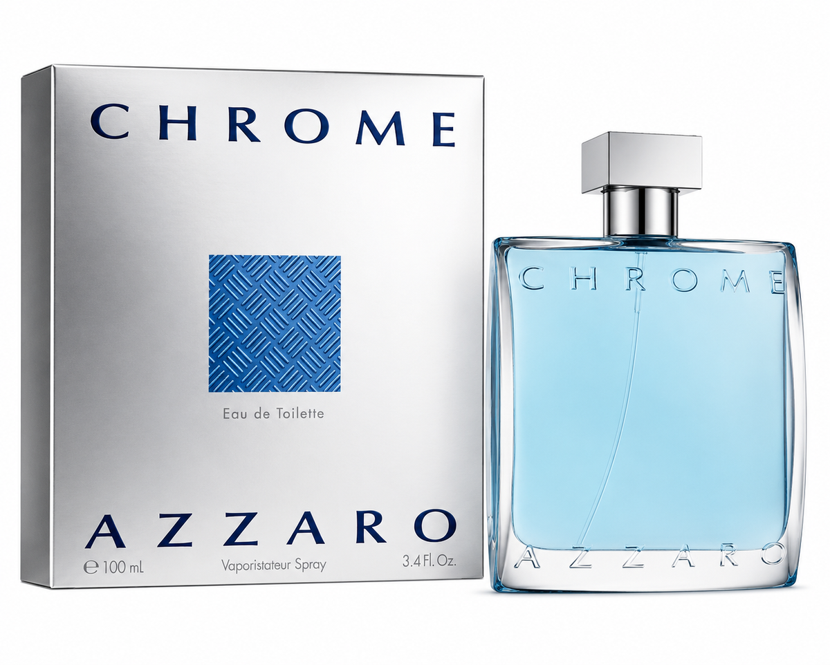 Azzaro Chrome Eau de Toilette bottle and packaging on a white background