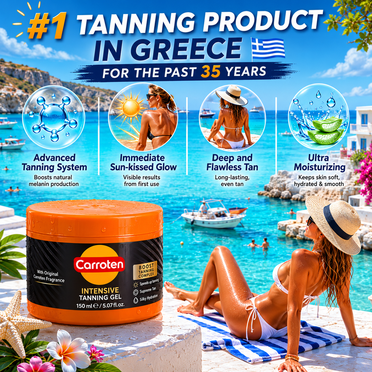 Carroten Intensive Tanning Gel advertisement with beach scene and text about tanning product popularity in Greece.