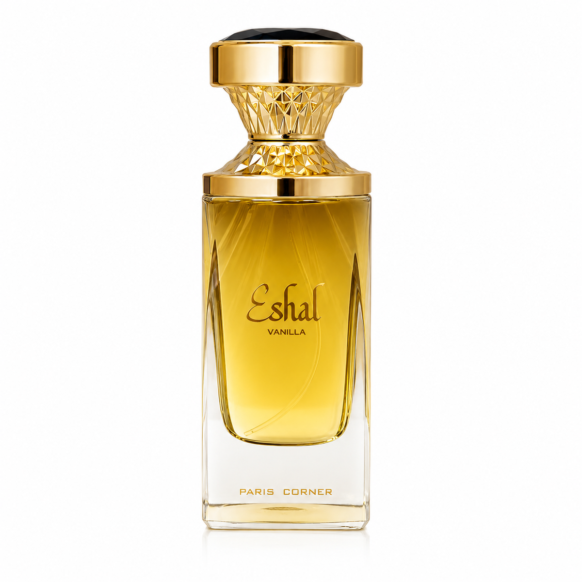 Perfume bottle labeled 'Eshal Vanilla' with a gold cap on a white background