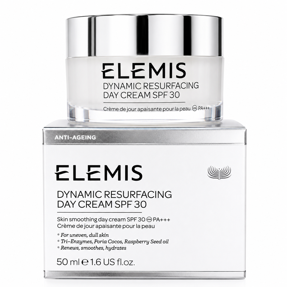 Elemis Dynamic Resurfacing Day Cream SPF 30 with packaging on a white background