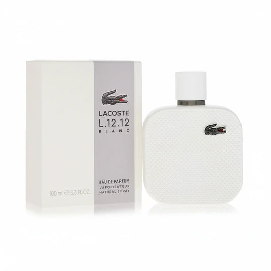 Lacoste L.12.12 Blanc perfume bottle and packaging on a white background