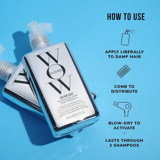 Color Wow hair product with usage instructions on a blue background