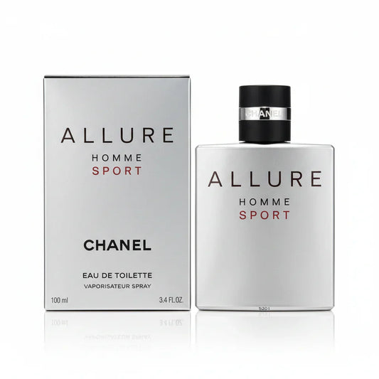 Chanel Allure Homme Sport perfume bottle and packaging on a gray background