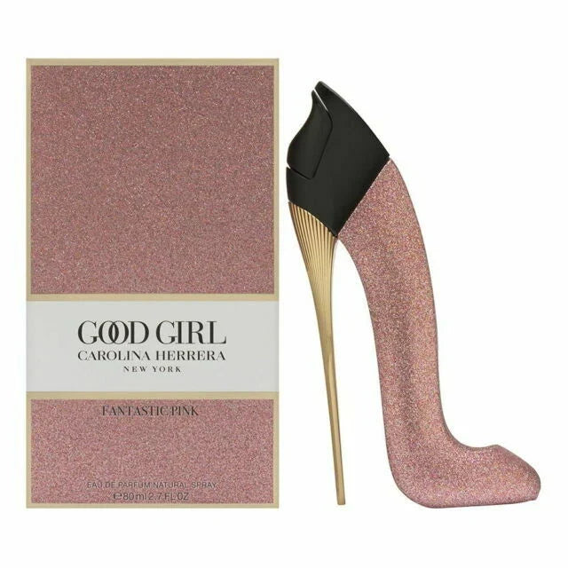 Pink high-heeled shoe with 'Good Girl' Carolina Herrera packaging