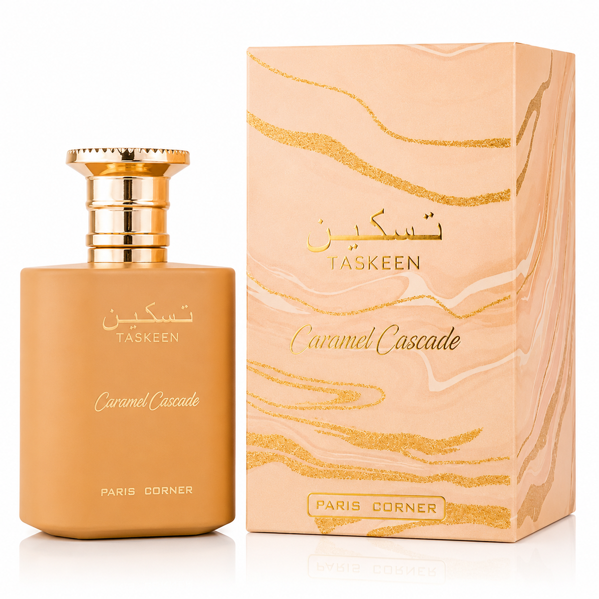 Perfume bottle and packaging of Taskeen Caramel Cascade on a white background