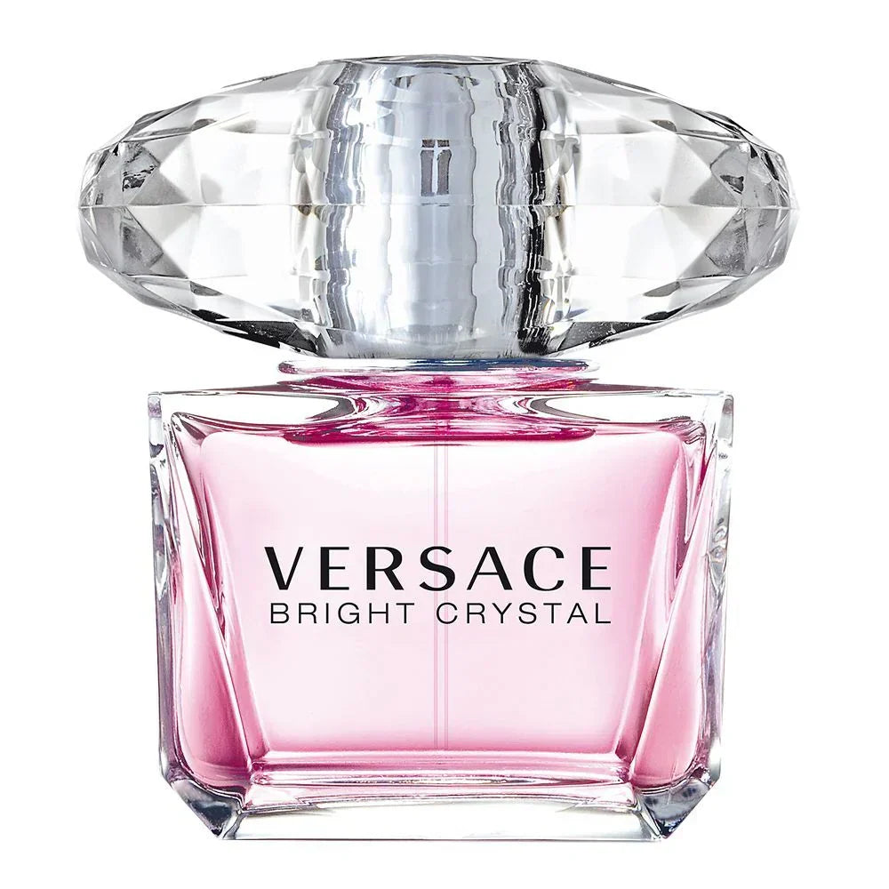 Versace Bright Crystal perfume bottle with pink base and clear cap on a white background