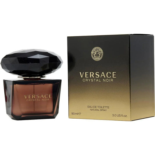 Versace Crystal Noir perfume bottle and packaging on a white background